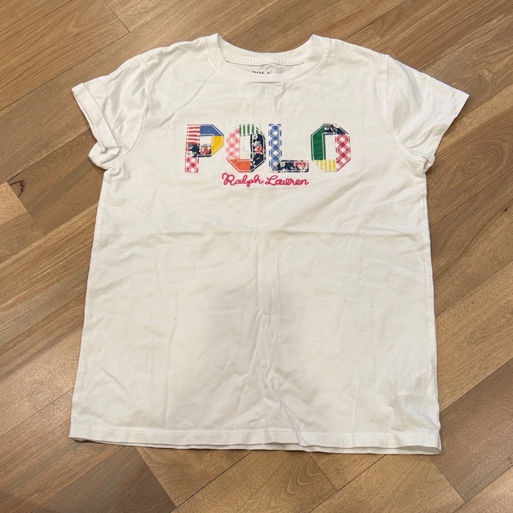 Ralph Lauren White Short-Sleeve Tee with Multicolor Plaid 'Polo' Logo